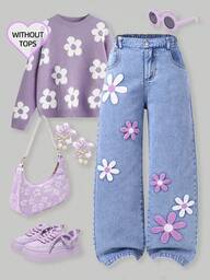 SHEIN Jeans con pernera acampanada para niñas preadolescentes, con diseño bordado, lavado y rasgado en forma de copos de nieve