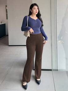Dazy Plus 大码女式纯色弹力修身喇叭裤，四季皆宜 - 棕色 - 查看 4