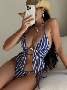 Swim SXY Swim Glamine-D 女士提花面料吊带泳衣套装，春夏 - 藍白色 - 查看 6