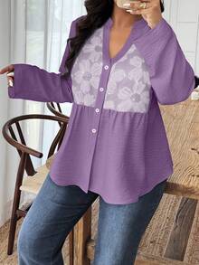 SHEIN LUNE Áo cánh tay bèo xếp nếp cổ chữ V họa tiết hoa thêu cỡ lớn thời trang cho nữ - Màu tím - Xem 4