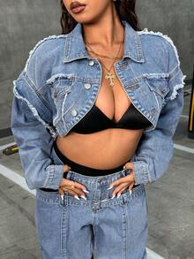 Jeanoix Plus Size Dam Casual Mode Street Chic Fransig Patchwork Drop Shoulder Lös Beskuren Jeansjacka - Mediumtvätt - Visa 1