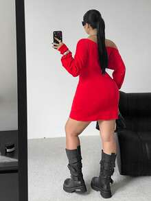 POPSWAY Christmas Plus Size Women Oblique Shoulder Eyelet Design Fitted Fashionable Knit Dress - Red - View 2