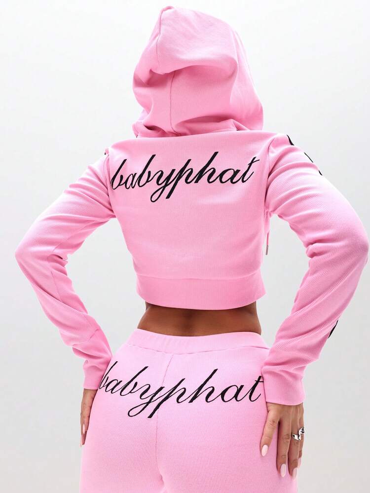 BABYPHAT Zip Up Hooded Sweatshirt With Ribbed Texture And Logo Print For Casual Comfort