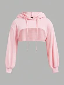 SHEIN EZwear 秋冬季加大码黑色针织短款卫衣 - 粉色 - 查看 1