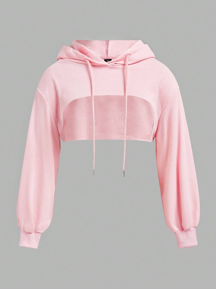 SHEIN EZwear 秋冬季加大码黑色针织短款卫衣 - 粉色 - 查看 1