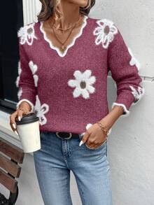 EMERY ROSE Women's Elegant Mink Fur Flower Pattern Lace Knit Sweater, Christmas - Red Violet - View 5