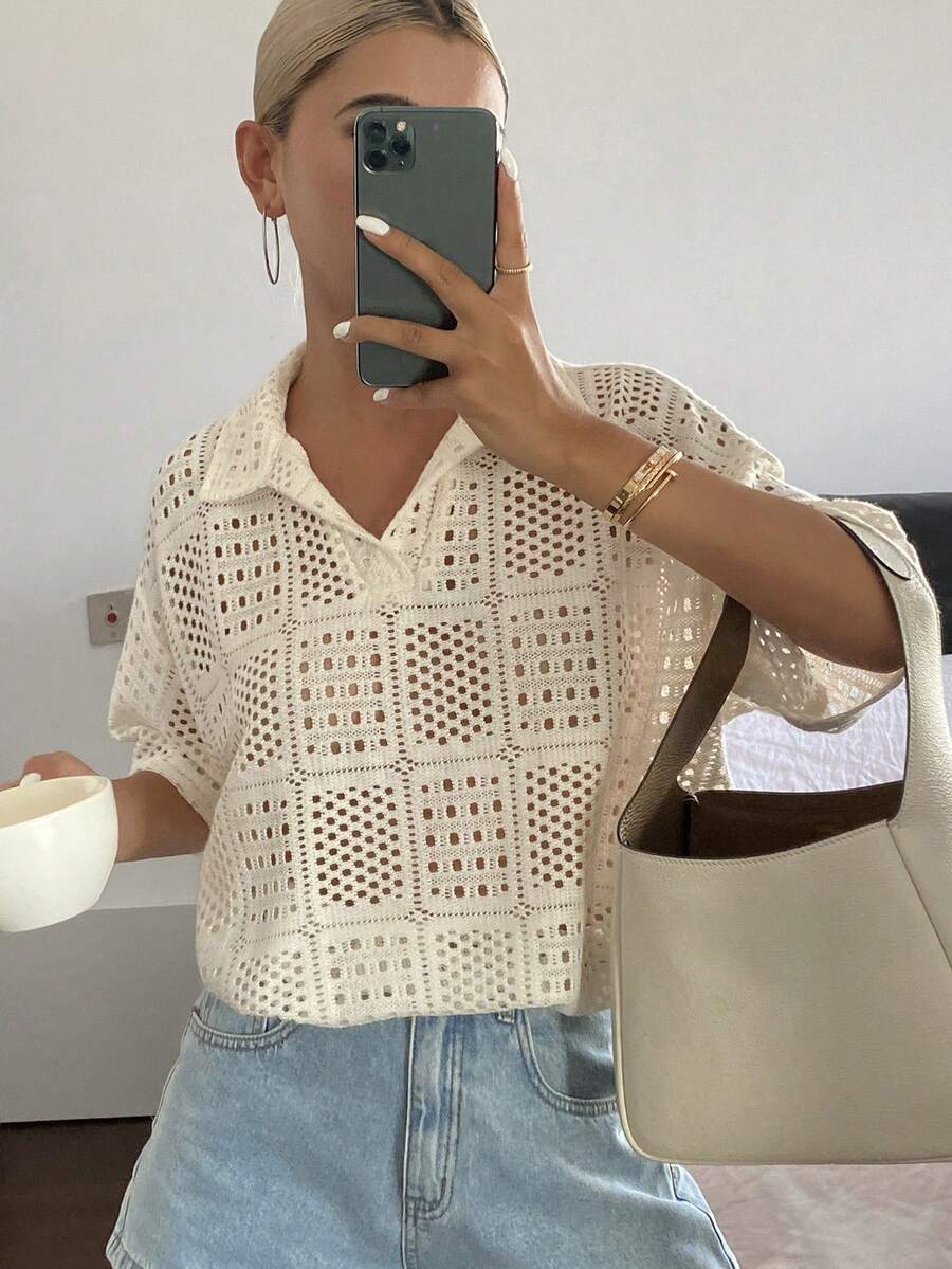 DAZY 女士夏季基本款纹理镂空面料宽松 Polo 领短袖 T 恤