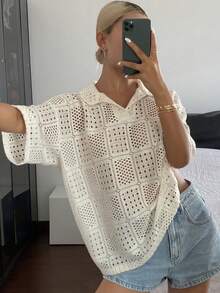 DAZY 女士夏季基本款纹理镂空面料宽松 Polo 领短袖 T 恤