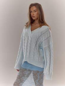 MUSERA Cable Knit V Neck Drop Shoulder Jumper Everyday Cosy Winter Blue And Brown - Baby Blue - View 4