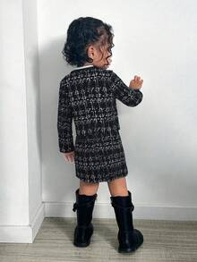 SHEIN 女婴格子长袖单排扣夹克和裙子休闲装，秋冬 - 黑與白 - 查看 2