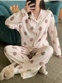 DAZY Chicken Print All-Over Women Pajama Set, Winter Clothes - Khaki - View 3