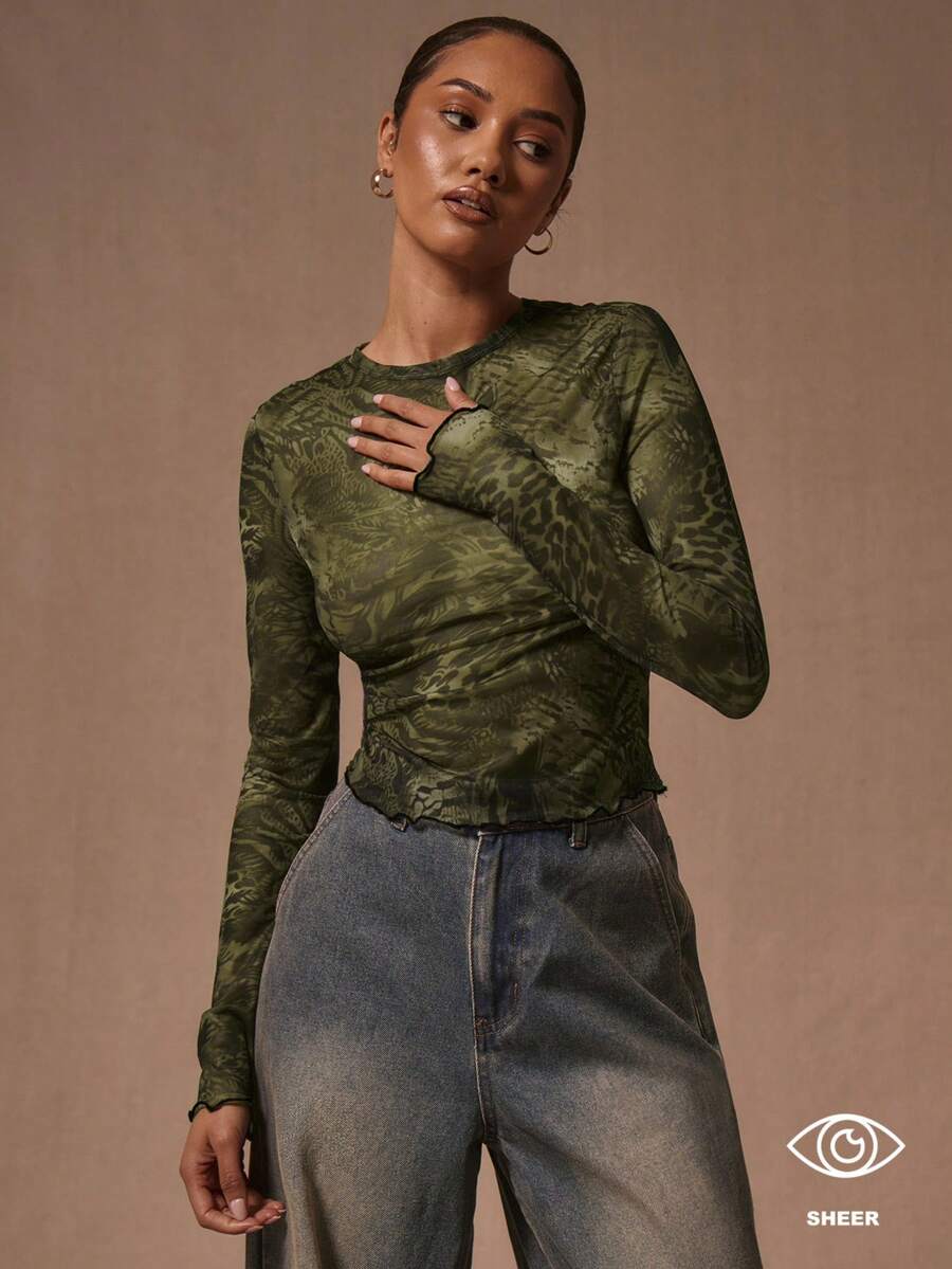 MUSERA Top de malla de manga larga con estampado mixto de animales sexy para salir, festivales, raves, vacaciones en Ibiza, primavera, verano - Verde Oscuro - Ver 1