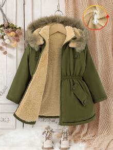 Elladie kids Áo khoác parka có mũ trùm đầu, thắt eo, đệm ngực cho bé gái - xanh quân đội - Xem 4