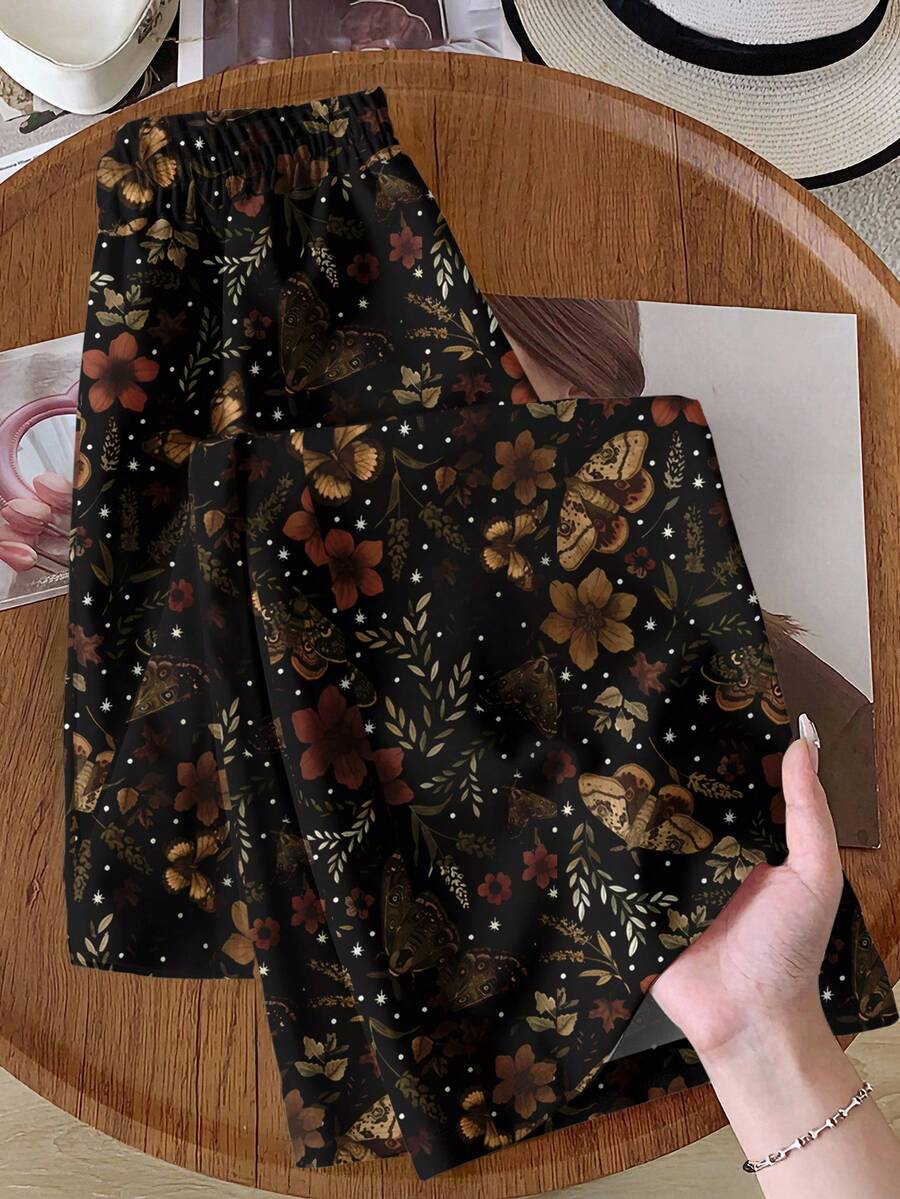Rusticease 女士花卉蝴蝶图案弹力腰阔腿休闲印花裤，秋冬款，休闲 - 彩色 - 查看 1