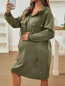 SHEIN فستان أمومة كاجوال بلون أحادي متوسط الطول مع كابوشون - أخضر عسكري - مشاهدة 5