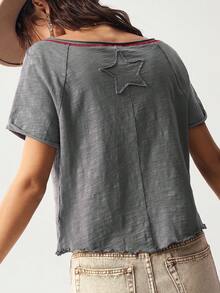 Bohemela Solid Color Knit Crew Neck Short Sleeve Fitted Washed Women T-Shirt - Dark Grey - View 6