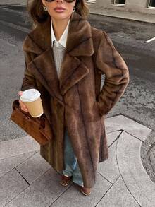 SHEIN BAE 复古棕色仿皮草大衣，秋冬 - 摩卡棕 - 查看 4