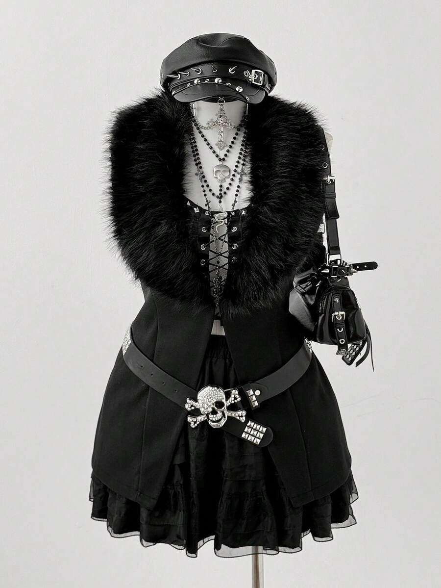 Sunspun Große Größen Damen Schwarze Kragen Ärmellose Kurze Jacke - Schwarz - Übersicht 1