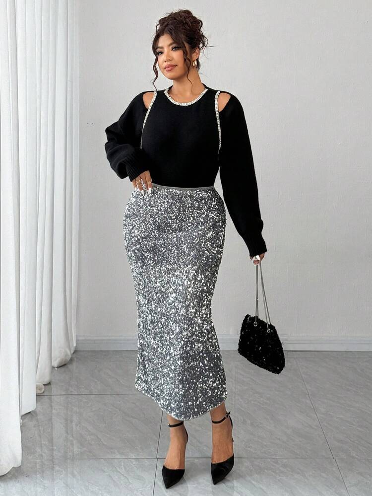 Dazy Plus Valentine Plus Size Sequin Elastic Waist Skirt, Fashion Party Skirt New Years Women Carnival