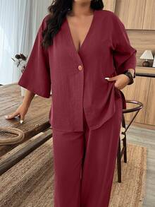EMERY ROSE Conjunto informal de 2 piezas de camisa de manga 3/4 de un solo botón y pantalones de unicolor para mujer de talla grande - Rojo - Ver 4