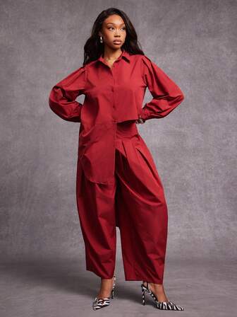NYA SZN Ensemble assorti (Top/Pantalon) Top à manches longues oversize ample avec boutons, col drapé, détail bas asymétrique. Pantalon taille haute ample et ample, décontracté chic, pour événement, tous les jours, mariage, brunch, bureau, vacances, Halloween, enseignant, automne, hiver. Tenues pour femmes.