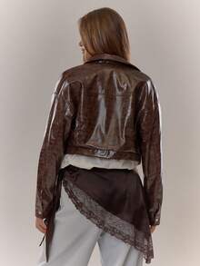 MUSERA Faux Snake Skin Leather Collar Cropped Zip Through Jacket Everyday Cosy Winter Brown - Coffee Brown - View 2
