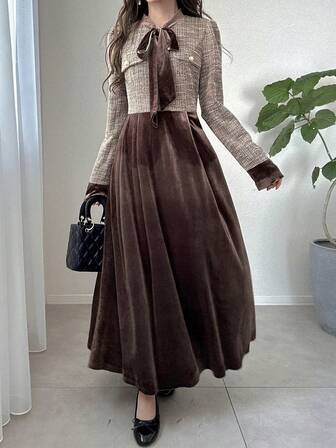 FRIFUL Women's Elegant Long Tie-Waist Regular Shoulder Long Sleeve Dress