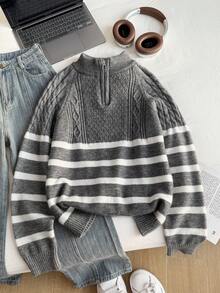 男式半拉链扭绳长袖毛衣 - 灰色 - 查看 5