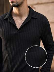 Manfinity VCAY Men Casual Solid Color Commuter Polo Shirt, Suitable For Daily Wear, Online Black Knitted Business Casual Tops, Fall - Black - View 2