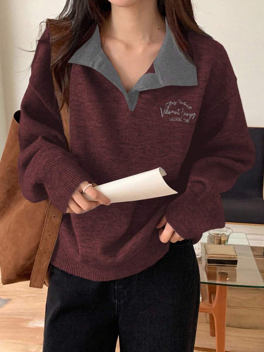 DAZY Women's Contrast Color Korean Style Casual Sweater, Autumn/Winter - Red Violet - View 1