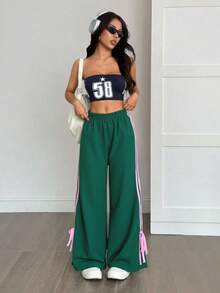 SHEIN PETITE Women's Green Side Contrast Pink Bowknot Elastic Waist Pants Y2k Pants Drawstring Pants Green Pants Track Pants Wide Leg Pants