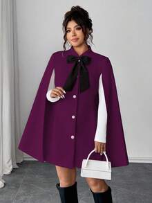 Elenzga 时尚休闲法式复古优雅珍珠纽扣蝴蝶结斗篷大衣 - 紫色 - 查看 5