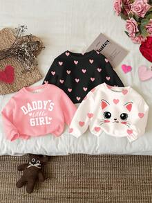 SHEIN Conjunto de 3 piezas de suéteres casuales de punto suave con cuello redondo, ajuste holgado y diseño de gatos y corazones "La pequeña niña de papá" para bebés niñas - Multicolor - Ver 1