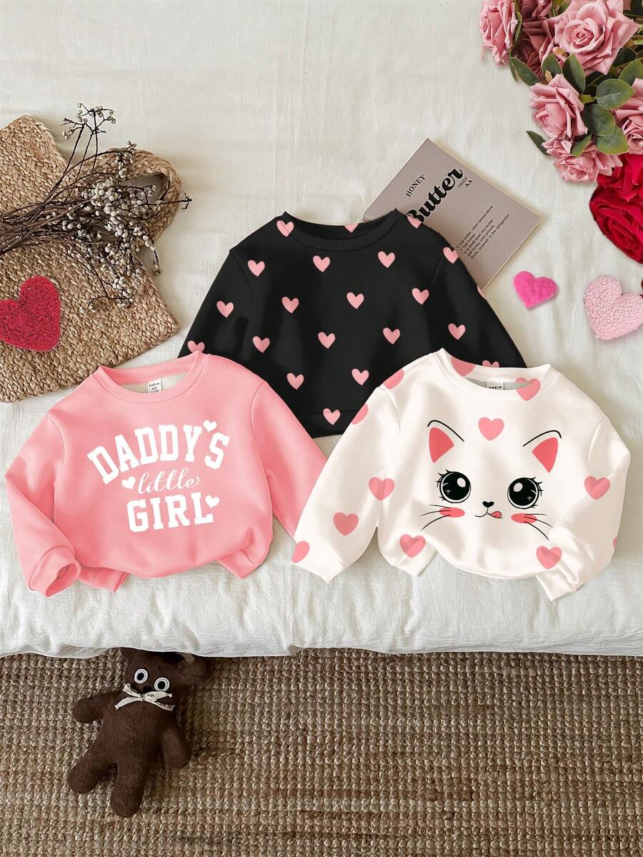 SHEIN Conjunto de 3 piezas de suéteres casuales de punto suave con cuello redondo, ajuste holgado y diseño de gatos y corazones "La pequeña niña de papá" para bebés niñas - Multicolor - Ver 1
