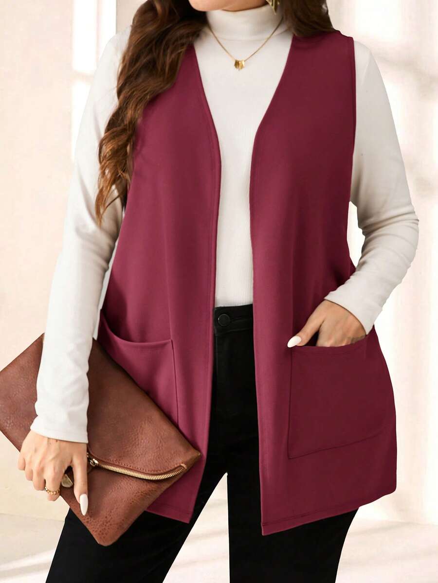 EMERY ROSE Plus Size Solid Color Sleeveless Loose Pocket Simple Casual Jacket,Spring/Summer,Summer,Vacation Woman / Vacation - Red - View 1