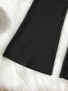 Genkimix Kids 女童可爱心形图案蓬松长袖圆领上衣搭配黑色喇叭裤T恤套装