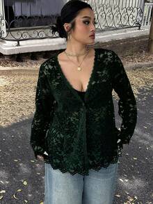 Calvaya Plus Size New Arrival High-End Sweet & Spicy Hollow-Out Lace Blouse - Dark Green - View 6