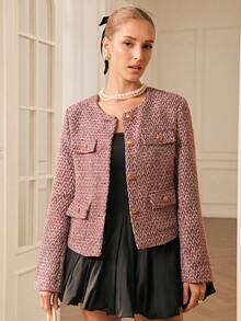 Chiquease Áo khoác vải tuýt cổ tròn tay dài, hàng khuy đơn thanh lịch dành cho nữ - Màu Đỏ Sâu - Xem 4