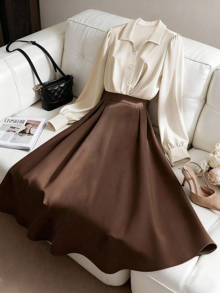 Franclia 优雅米色拼布卡其色裙装，女士秋冬商务休闲办公室装 - 杏色 - 查看 1