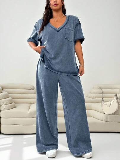 Solflare 女款大码休闲蓝色T恤和裤子两件套