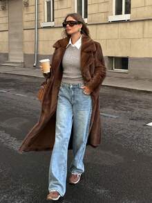 SHEIN BAE 复古棕色仿皮草大衣，秋冬 - 摩卡棕 - 查看 5