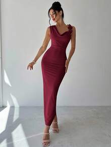 Firerie Vestido recto con hombros asimétricos, sin mangas, con estampado floral y lazo en la espalda, elegante, romántico y encantador, adecuado para fiestas, bodas, graduaciones y otros eventos, ideal para el verano, el regreso a la escuela, el aeropuerto y salidas - Burdeos - Ver 6