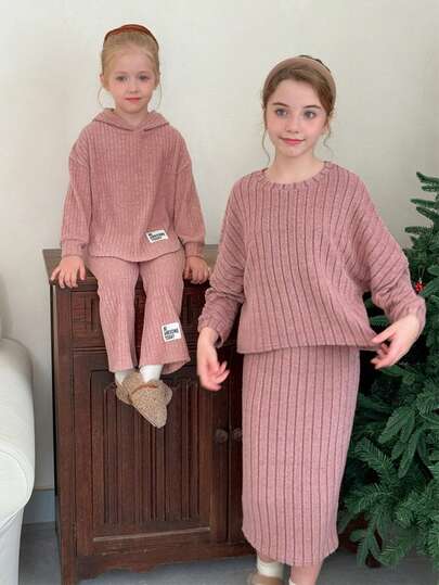 LMoss Kids LMoss 女童休闲针织毛绒罗纹圆领宽松上衣和修身半裙两件套，少女针织套装，舒适秋冬款式，粉色