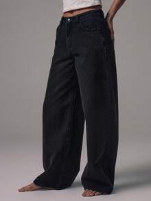 MUSERA Quần jeans denim ống rộng cạp trung màu đen, chi tiết cúc bạc, kiểu dáng casual mùa đông, đi chơi tối, đi học, đi làm, hẹn hò, phong cách core denim chic mùa xuân hè - màu đen - Xem 5