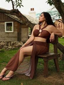 SHEIN 3pcs Plus Size Women Summer Vacation Elegant High-End Metallic Brown Twist Pattern Skirt Set, Swim Oasis - Coffee Brown - View 6
