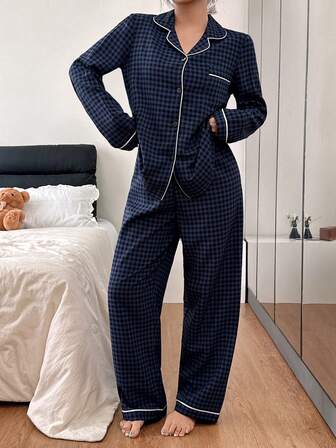 Dream Adore Conjunto de pijama con top de cuello a cuadros y pantalones con textura de burbujas para otoño e invierno