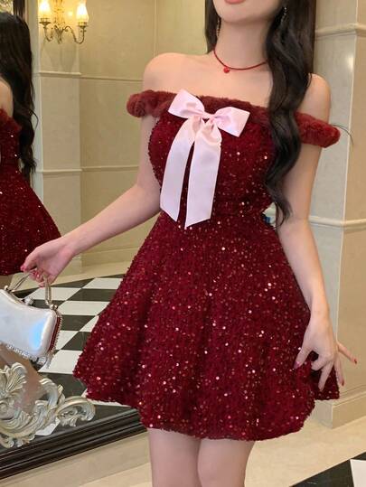 DAZY Fashionable Rhinestone Sequin Red Dress For New Year, Christmas, Wedding, Banquet, Ball Party, Waist Cinching, Fitted, Fluffy Collar, Color Blocking, Bow, Off-Shoulder, Mini Dress For Women, Autumn/Winter Prom Dress