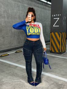 SHEIN Jeanoir 大码女式高腰宽松多口袋牛仔裤 - 深色水洗藍 - 查看 4