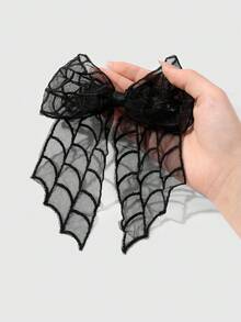 ROMWE Goth 1 件 Y2K 时尚复古休闲简约哥特风格万圣节系列黑色网状蜘蛛网蕾丝刺绣蝴蝶结 DIY 发夹爪夹马尾夹，适合女性，日常穿着，节日礼物 - 黑色 - 查看 3
