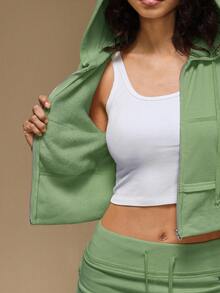 SHEIN Forever 21 Women's Solid Color Casual Hooded Fleece Jacket - Green - View 5